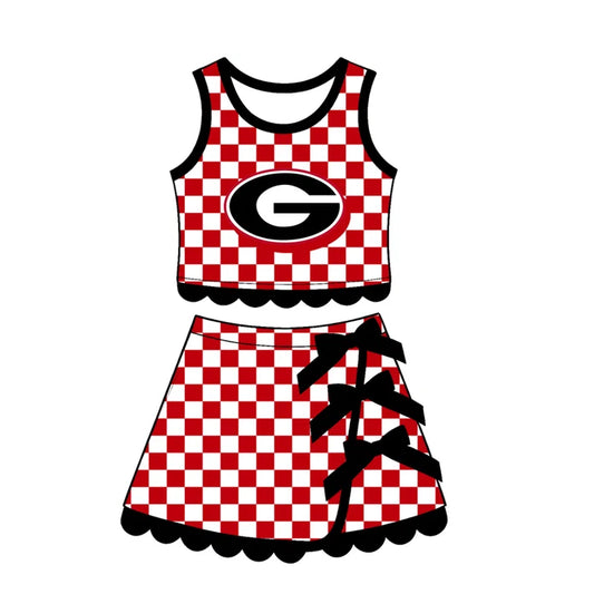 Preorder Baby Girls Red Checked Georgia Top Bows Skirt Short Scallop Clothes Set GSD4287
