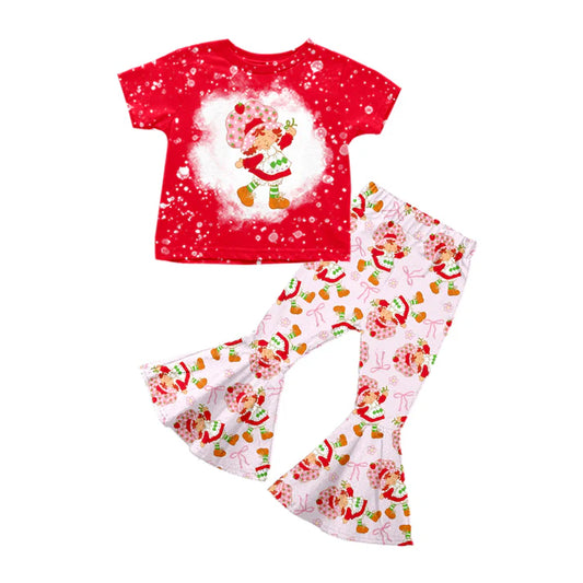 Preorder (moq 5)Baby Girls Red Short Sleeves Strawberry Top Pink Bows Bell Bottom Pant Set 5.13
