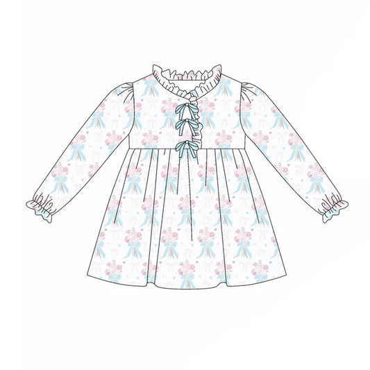 preorder(moq 5) Baby Girls Long Ruffle Sleeves Blue Bows Flowers Plaid Knee Length Dresses 7.25