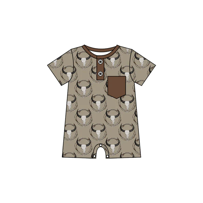 Preorder (moq 5)Baby Boys Bull Skulls Plaid Button Pocket Western Short Rompers 10.28