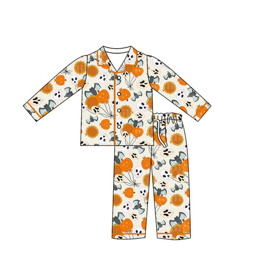 Preorder (moq 5)Baby Girls Halloween Pumpkins Bats Buttons Top Pants Pajamas 5.12