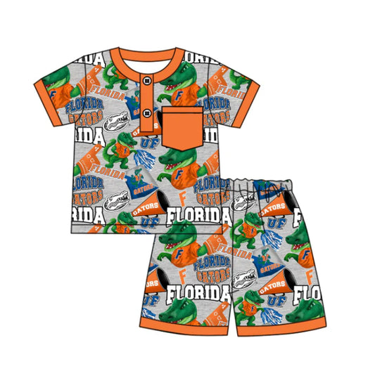 Preorder (moq 5)Baby Boys Short Sleeves Button Pocket Dinosaurs Florida Top Shorts Team Pajamas Set 6.17