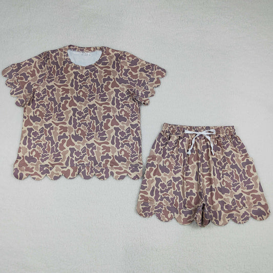 Adult Women Clothes Southern Khaki Camo Top Short Scallop Clothes Sets GSSO3233