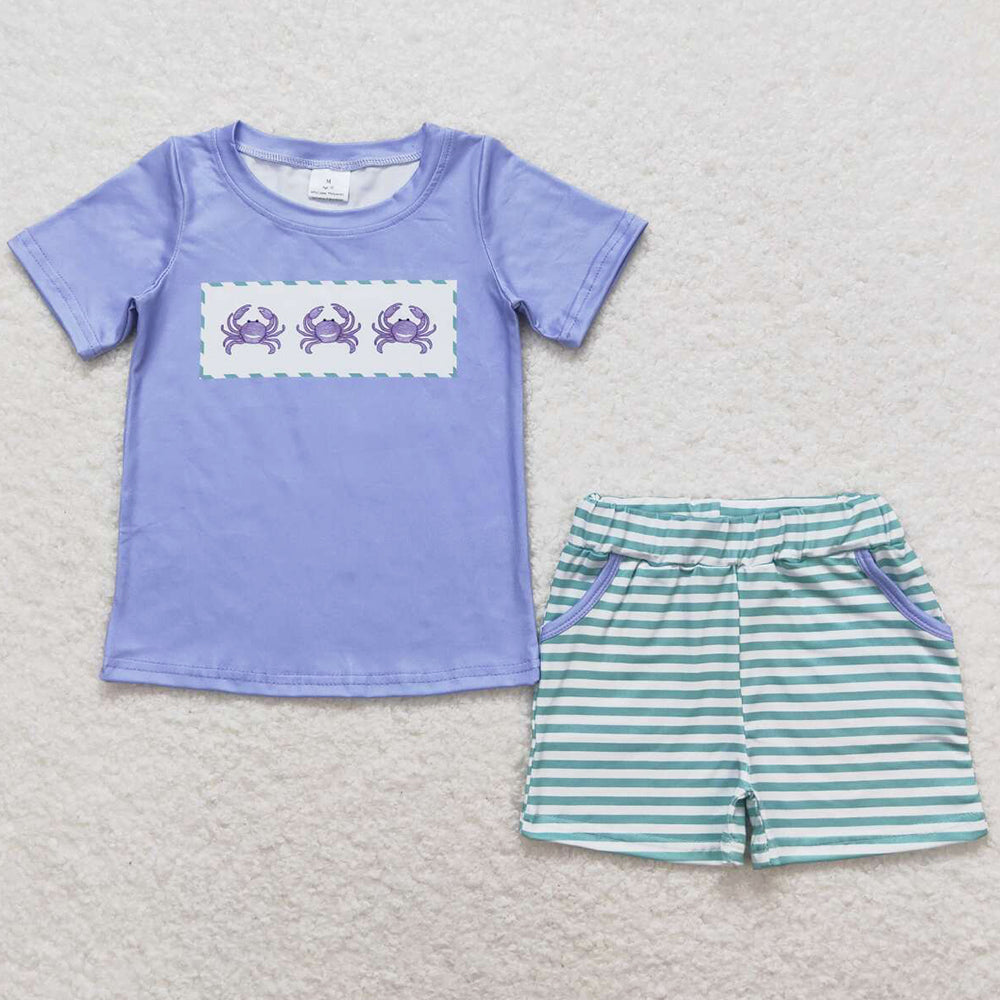 Baby Boys Clothes Blue Crabs Shirt Green Stripes Shorts Sets BSSO0637