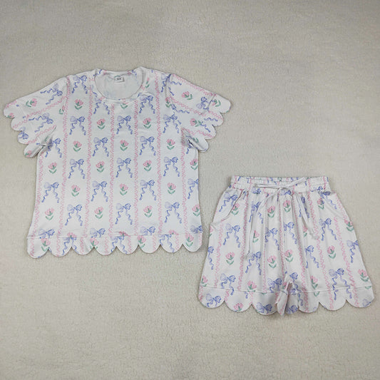 Adult Women Clothes Bows Flowers Stripe Top Short Scallop Clothes Sets GSSO3405