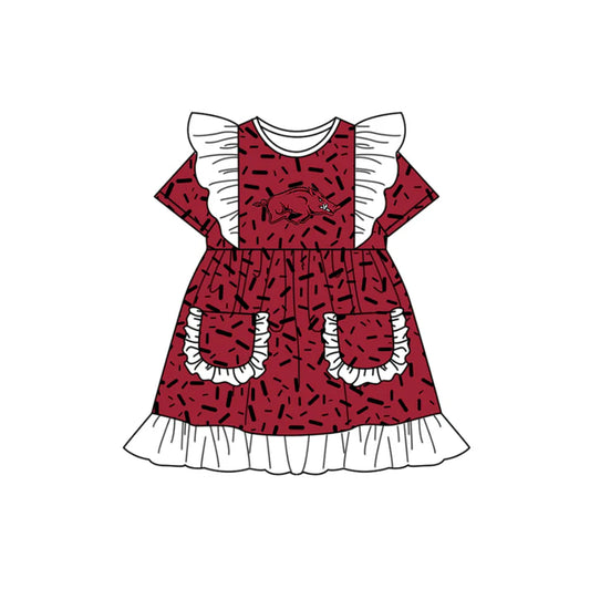 Preorder (moq 5)Baby Girls Flutter Short Sleeve Red Sprinkles Bulls Pockets Team Ruffle Knee Length Dresses 12.13