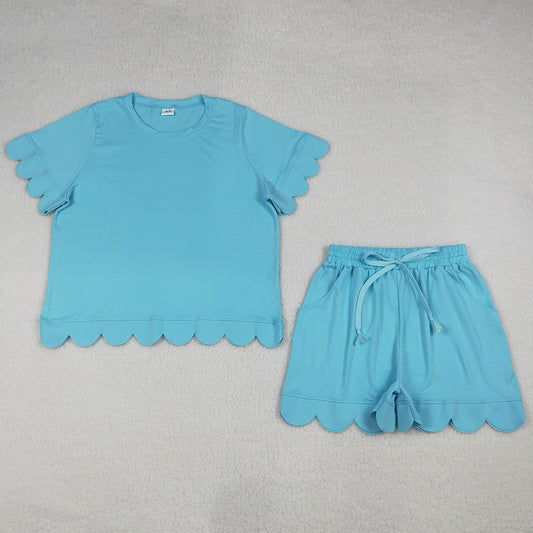 Adult Women Clothes Blue Shorts Sleeve Shirts Top Short Scallop Clothes Sets GSSO3208