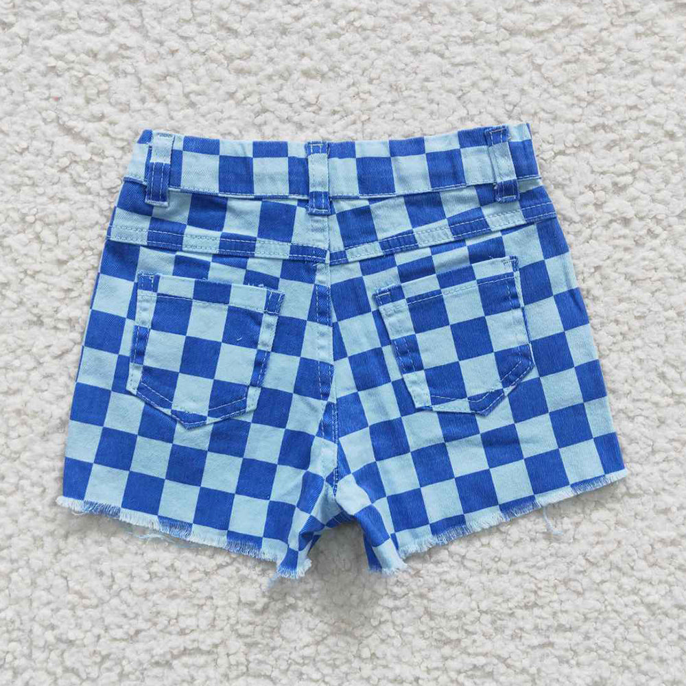 Baby Girls Jeans Shorts Blue Checkered Distressed Denim Shorts SS0093