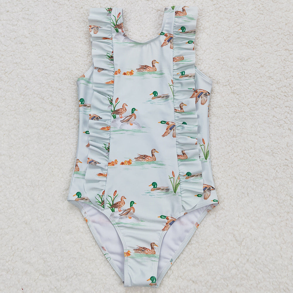 Baby Girls Swimsuits Duck Print Cute Ruffle One Piece Swimsuits S0265