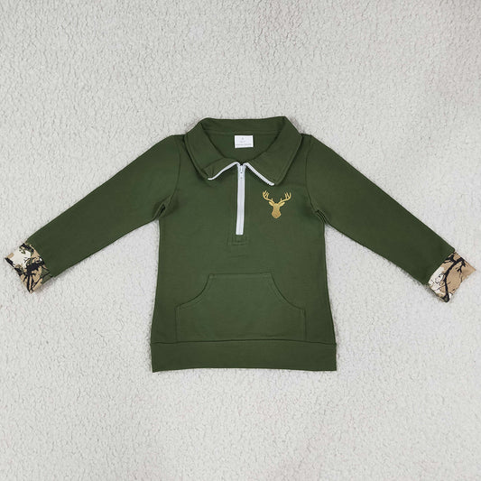 Baby Girls Clothes Embroidery Deer Olive Long Sleeve Zip Pocket Hunting Pullovers Top GT1694