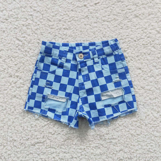 Baby Girls Jeans Shorts Blue Checkered Distressed Denim Shorts SS0093