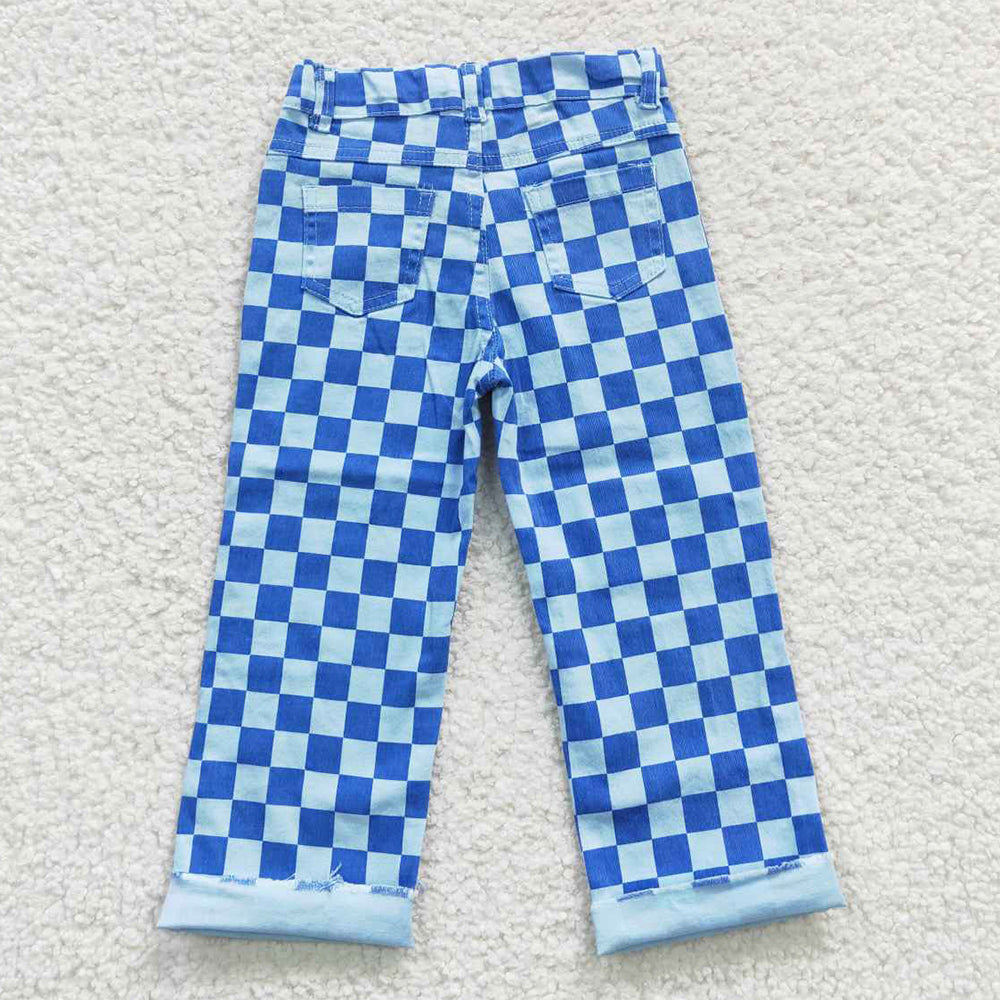 Baby Kids Jeans Blue Checkered Denim Pants P0097