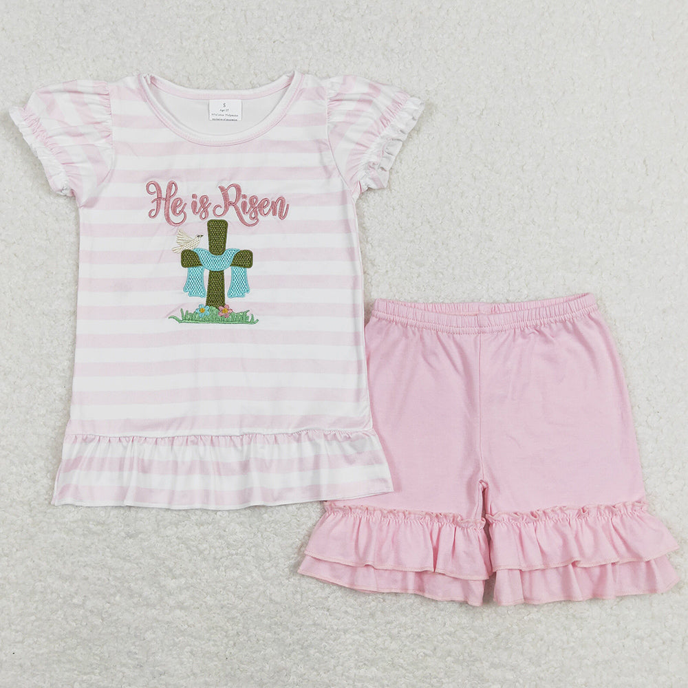 Baby Girls Clothes Easter He Is Risen Shirt Tee Pink Shorts Sets GSSO0382