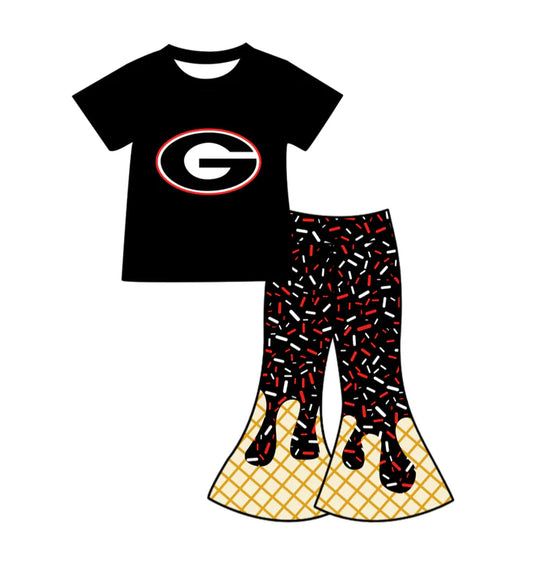 Preorder (moq 5)Baby Girls Black G Top Drip Sprinkles Bell Bottom Pants Team Clothes Sets 11.27