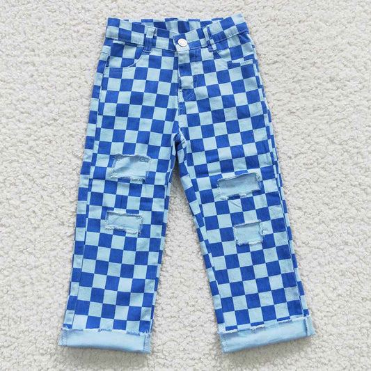 Baby Kids Jeans Blue Checkered Denim Pants P0097