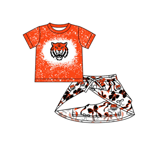 Preorder (moq 5)Baby Girls Short Sleeves Orange Tigers Top Bows Skorts Team Sets 6.28