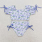 Baby Girls Swimsuits Summer Lavender Flowers Branches Top Ruffle Bummie Swimsuits S0330