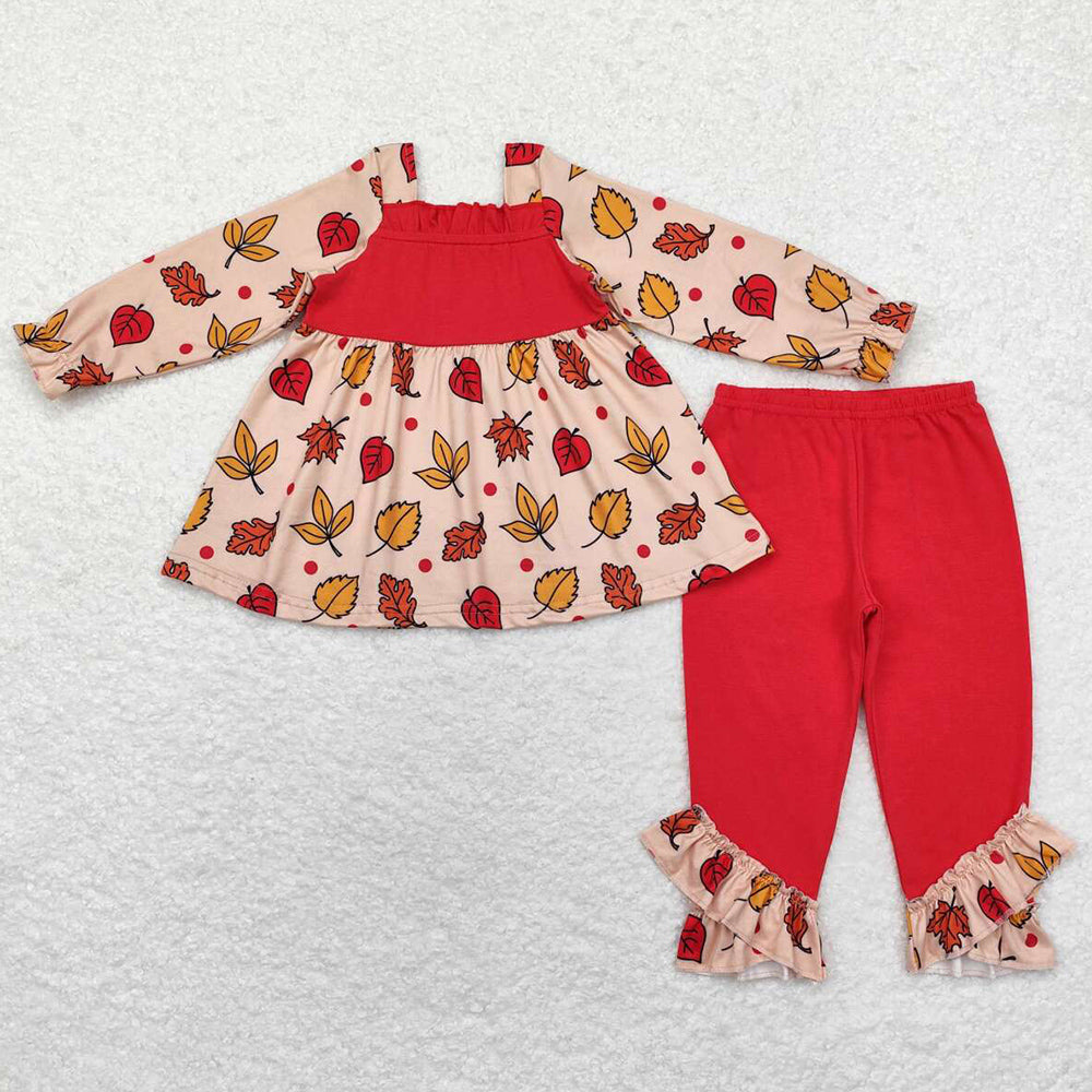 Baby Girls Clothes Thanksgiving Leaves Tunic Tops Ruffle Pants Sets GLP1503