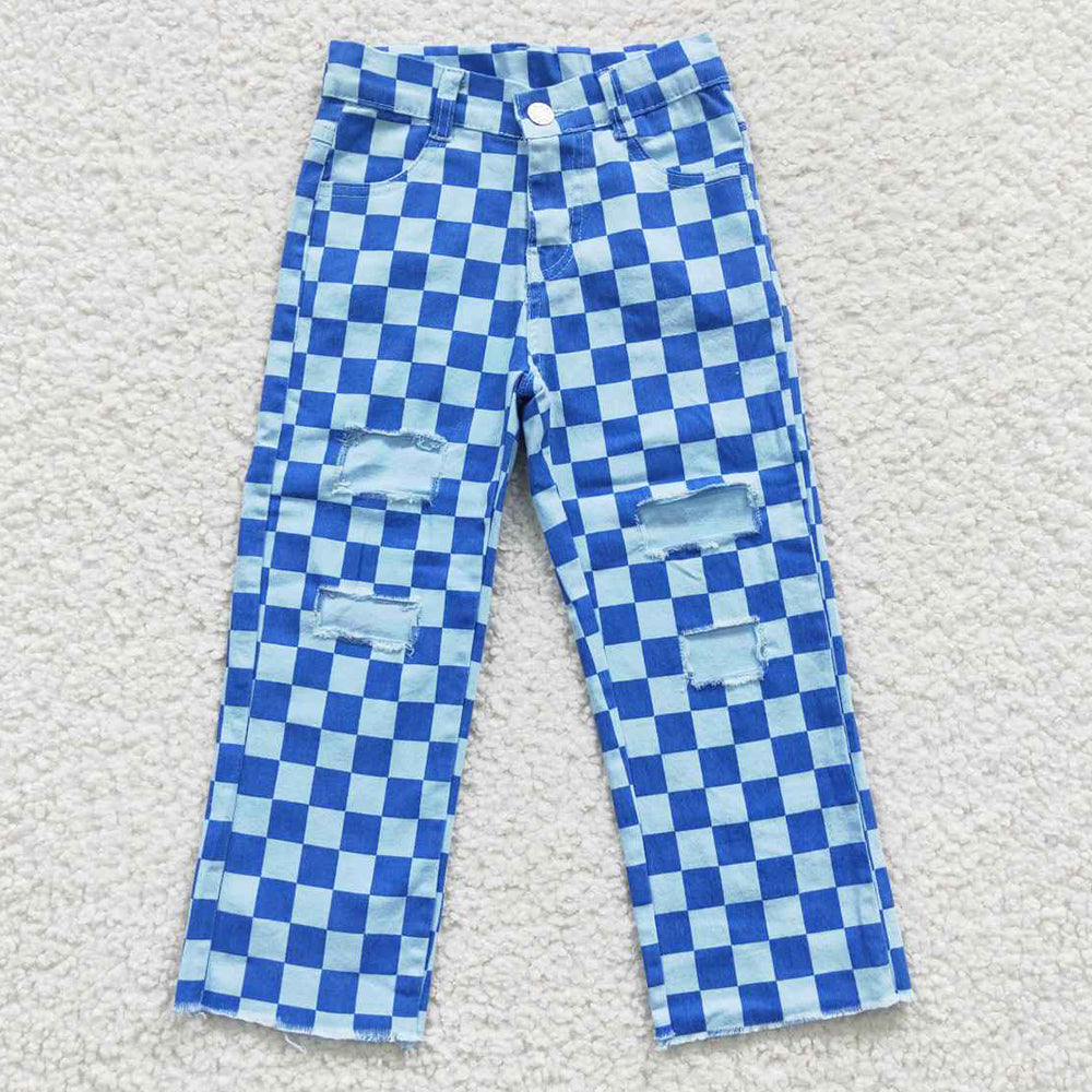 Baby Kids Jeans Blue Checkered Denim Pants P0097