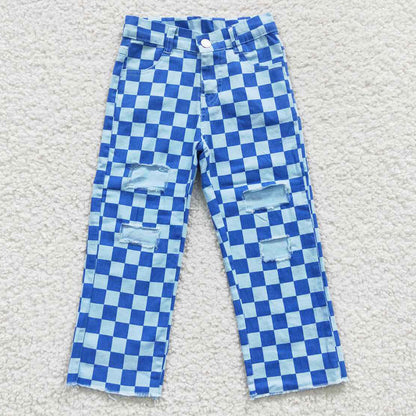 Baby Kids Jeans Blue Checkered Denim Pants P0097