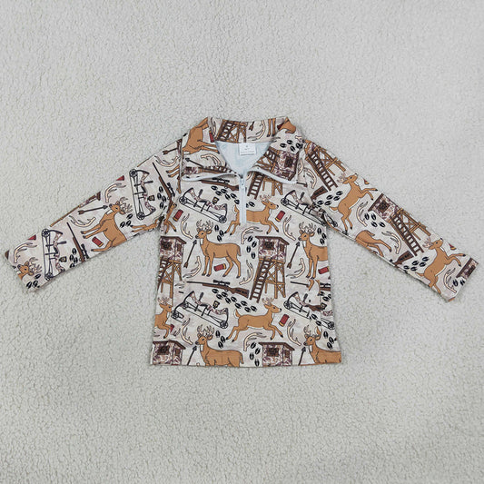 Baby Boys Clothes Khaki Long Sleeve Deer Hunting Pockets Zip Pullovers Top BT1397