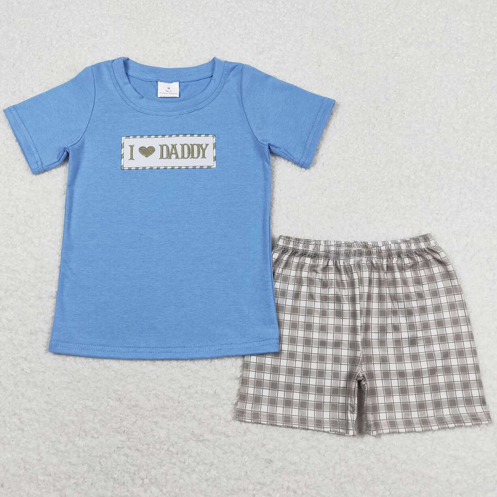 Baby Boys Clothes Blue I Love Daddy Shirt Checkered Shorts Sets BSSO0640