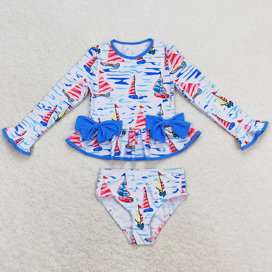 Baby Girls Swimsuits Blue Boats Long Sleeve Summer Bows Swimsuits S0276