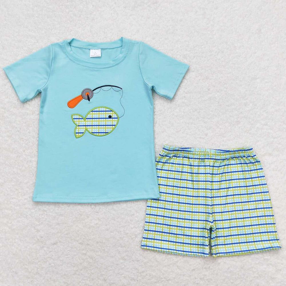 Baby Boys Clothes Fishing Shirt Top Checkered Shorts Sets BSSO0798