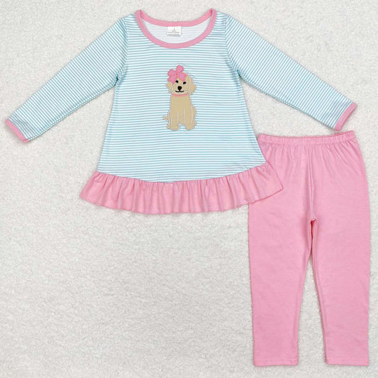 Baby Girls Clothes Blue Stripes Dog Bow Tunic Legging Clothes Sets GLP1376