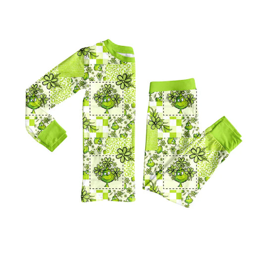 Preorder (moq 5)Baby Girls Green Face Flowers Plaid Top Pant Christmas Pajamas Set 8.4