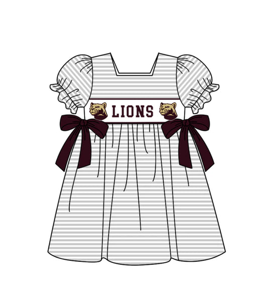 Preorder (moq 5)Baby Girls Lions Bows Stripe Team Knee Length Dresses 12.5