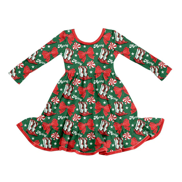 Preorder (moq 8)Baby Girls Red Bows Boots Merry Christmas Ruffle Knee Length Dresses 9.23