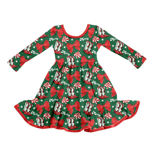 Preorder (moq 8)Baby Girls Red Bows Boots Merry Christmas Ruffle Knee Length Dresses 9.23