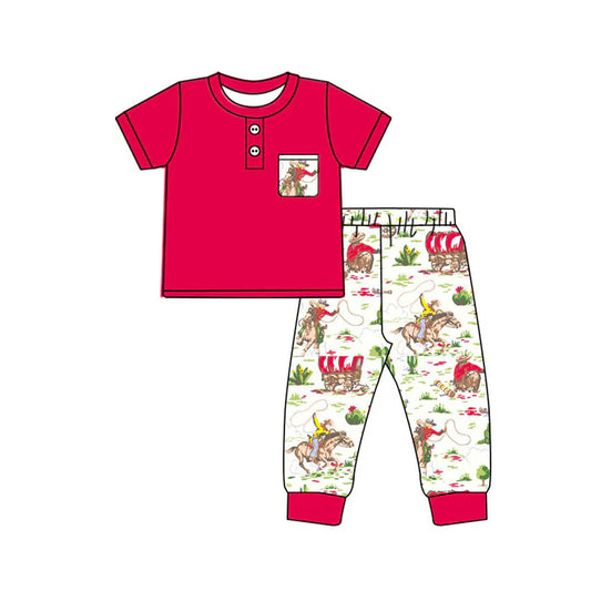 Preorder(moq 8)Baby Boys Pocket Button Top Horse Rodeos Pants Western Clothes Sets 9.26
