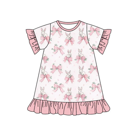 Preorder (moq 8)Baby Girls Short Sleeve Bows Rabbits Easter Ruffle Knee Length Dresses 9.17