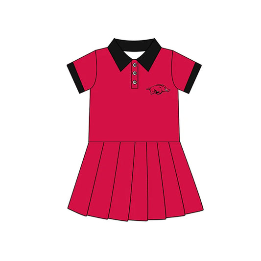 Preorder (moq 5)Baby Girls Red Short Sleeves Button Bull Team Shorts Knee Length Dresses 7.10