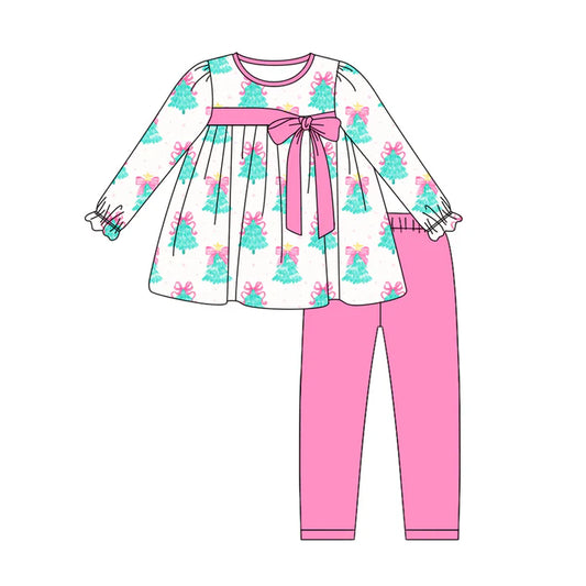 Preorder (moq 5)Baby Girls Long Ruffle Sleeves Trees Plaid Tunic Pink Legging Pant Sets 5.28