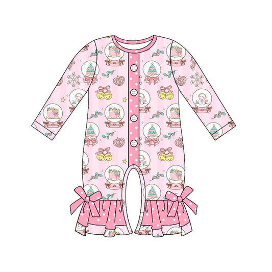 Preorder (moq 5)Baby Girls Pink Long Sleeves Trees Snowmen Button Ruffle Rompers 5.17