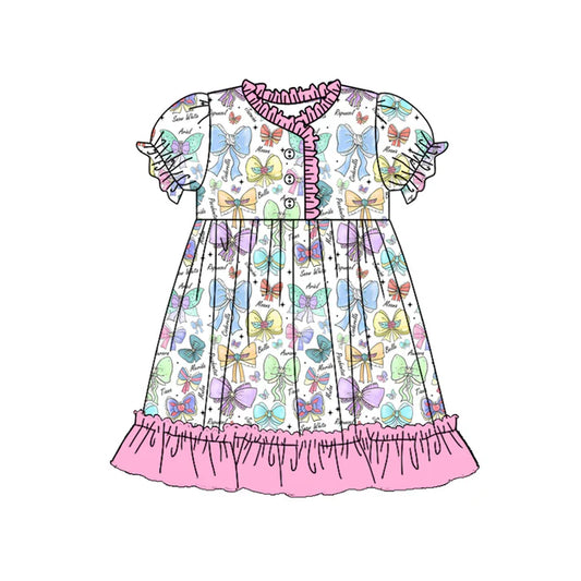 Preorder (moq 5)Baby Girls Pink Short Ruffle Sleeves Colorful Bows Button Knee Length Dresses 5.15