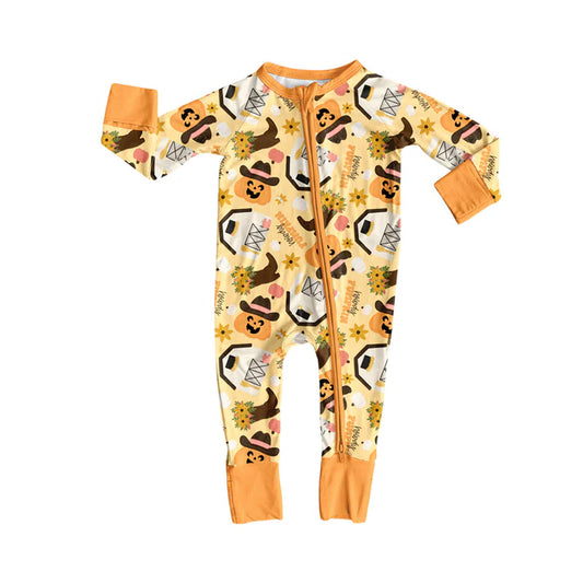 Preorder moq 5 Baby Infant Boys Long Sleeves Yellow Ghost Pumpkins Plaid Zipper Romper 7.16