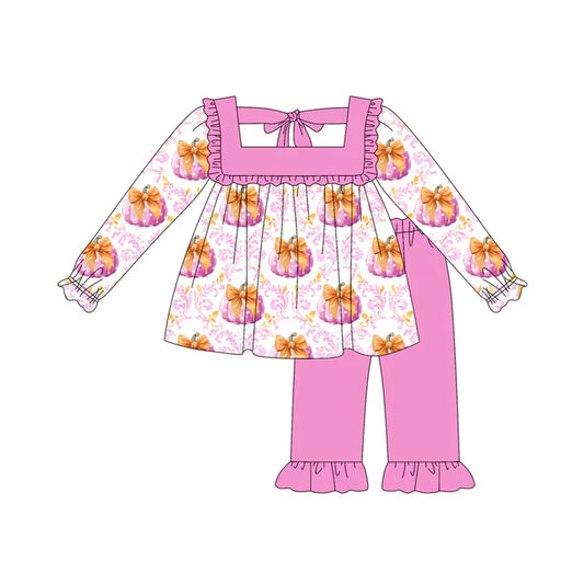 Preorder (moq 5)Baby Girls Long Ruffle Sleeves Pink Floral Pumpkins Plaid Tunic Pant Sets 6.11