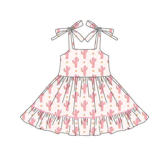 Preorder (moq 5)Baby Girls Bows Strap Pink Cactus Polka Dots Ruffle Knee Length Dresses 6.3