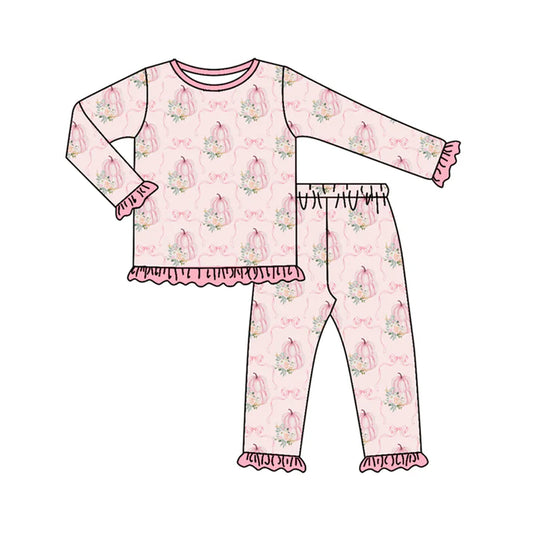 Preorder (moq 5)Baby Girls Pink Long Ruffle Sleeves Pumpkins Bows Plaid Top Pant Pajamas Set 6.21