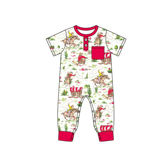 Preorder (moq 8)Baby Boys Pocket Button Horse Rodeos Western Footie Rompers 9.26