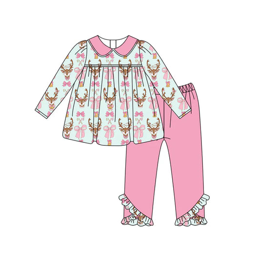 Preorder (moq 5)Baby Girls Long Sleeves Bows Deer Tunic Pink Ruffle Pant Set 6.17