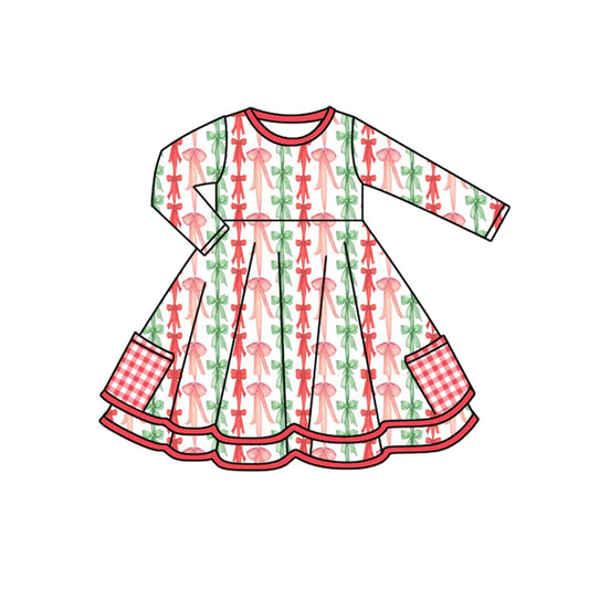 Preorder (moq 5)Baby Girls Bows Stripes Pockets Ruffle Christmas Knee Length Dresses 7.31