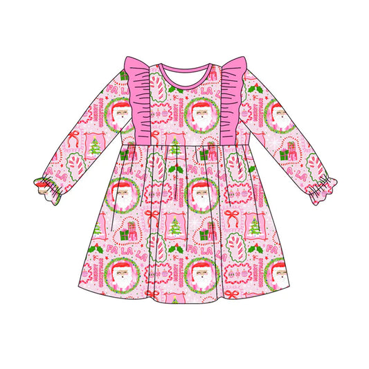 Preorder (moq 5)Baby Girls Long Ruffle Sleeves Pink Santa Bows Plaid Knee Length Dresses 7.28
