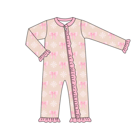 Preorder (moq 5)Baby Girls Pink Long Sleeves Bows Snowflake Plaid Ruffle Zipper Romper 7.3