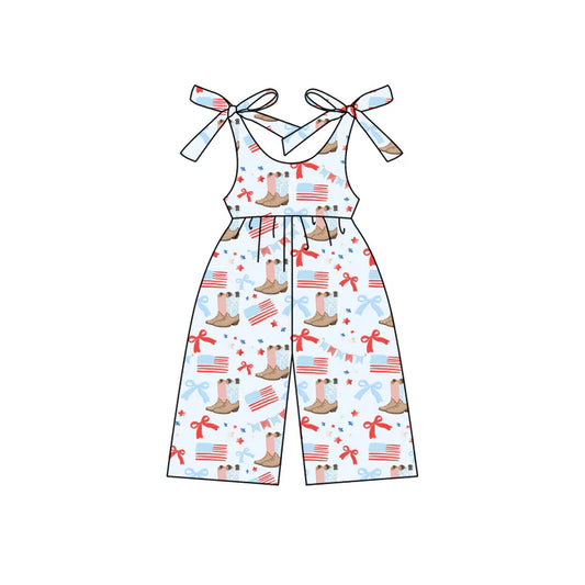 Preorder moq 5 Baby Girls Blue Strap Flags Boots Bows Bell Bottom 4th Of July Jumpsuits 4.23