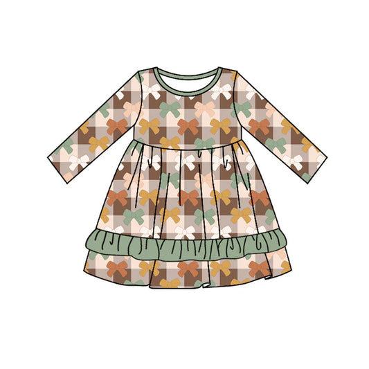 Preorder moq 5 Baby Girls Long Sleeves Brown Khaki Plaid Bows Ruffle Knee Length Dresses 5.2